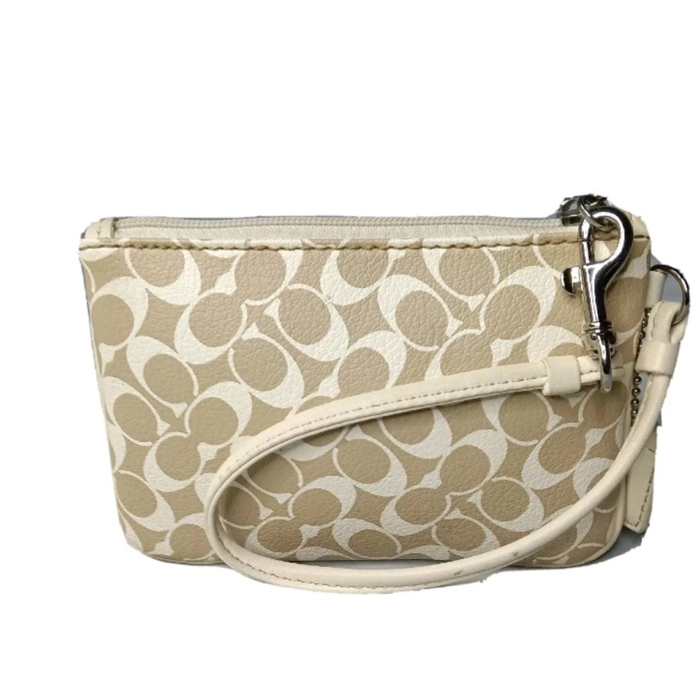 Coach Corner Zip Wristlet Signature Canvas Leather Trim Clutch Purse - Picture 2 of 8